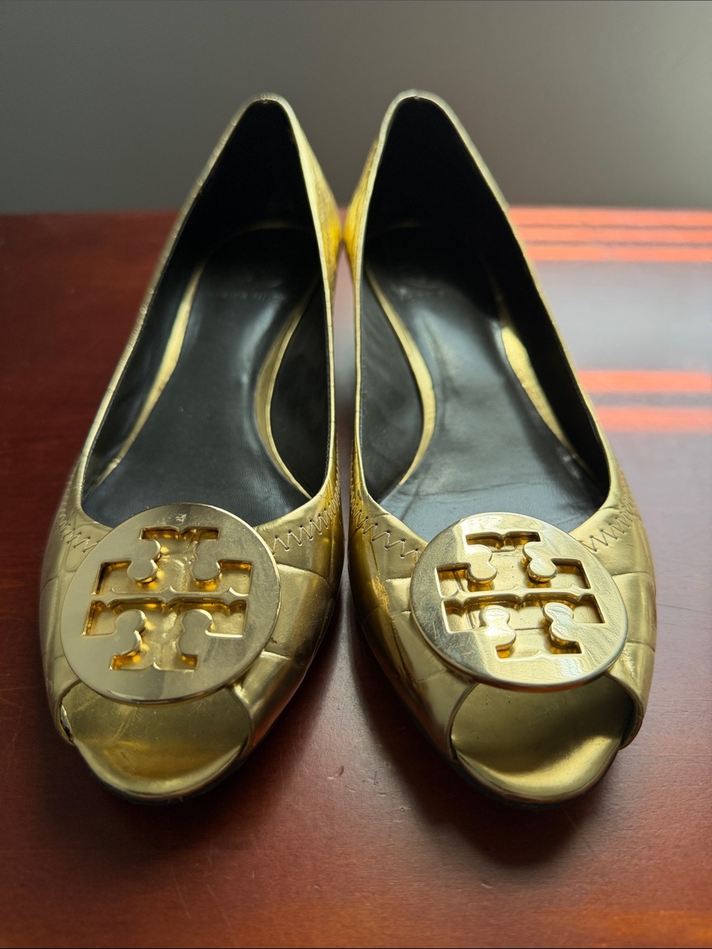 Tory Burch Metallic Gold Peep-Toe Heels with Logo Medallion